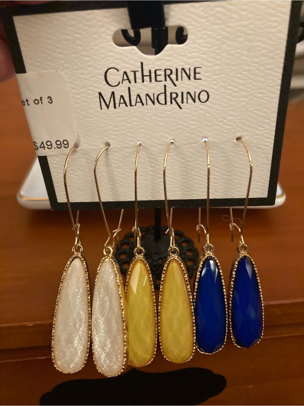 Catherine Malandrino Gold Teardrop Dangle Earrings in White, Yellow & Blue set